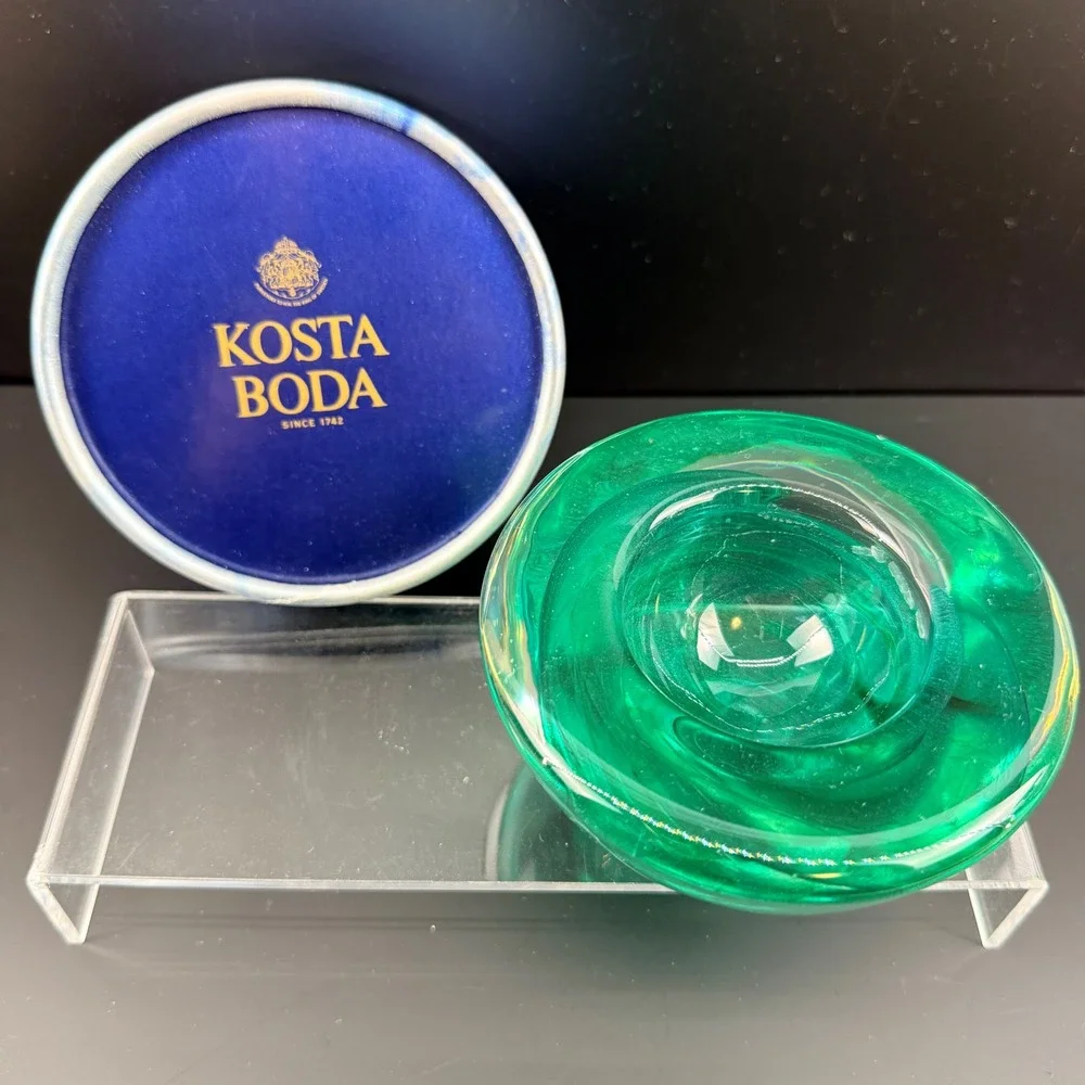 Kosta Boda Atoll Green Glass Votive Candle Bowl Anna Ehrner‎ Signed with Box